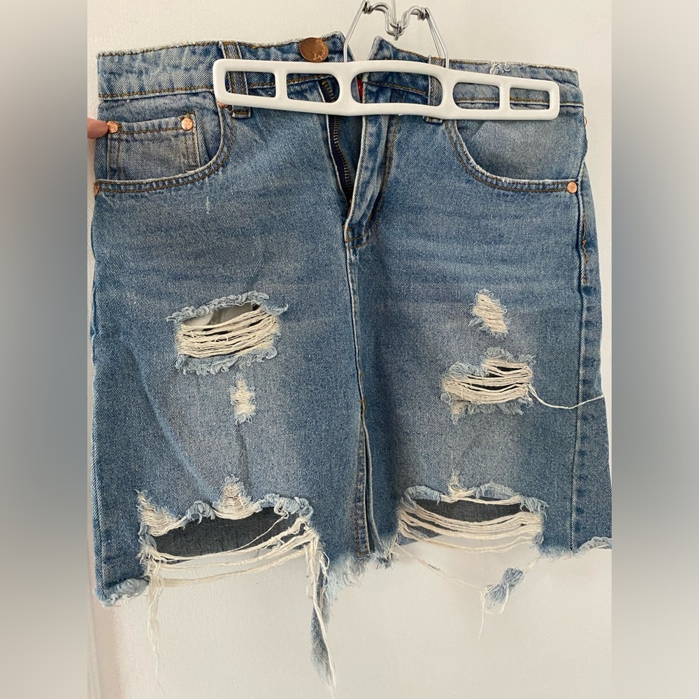 Signature Distressed Denim Midi Skirt